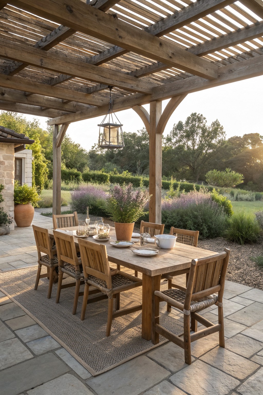A long wooden dining table with eight woven chairs sits under a slatted wooden pergola on a stone patio with a large woven rug.