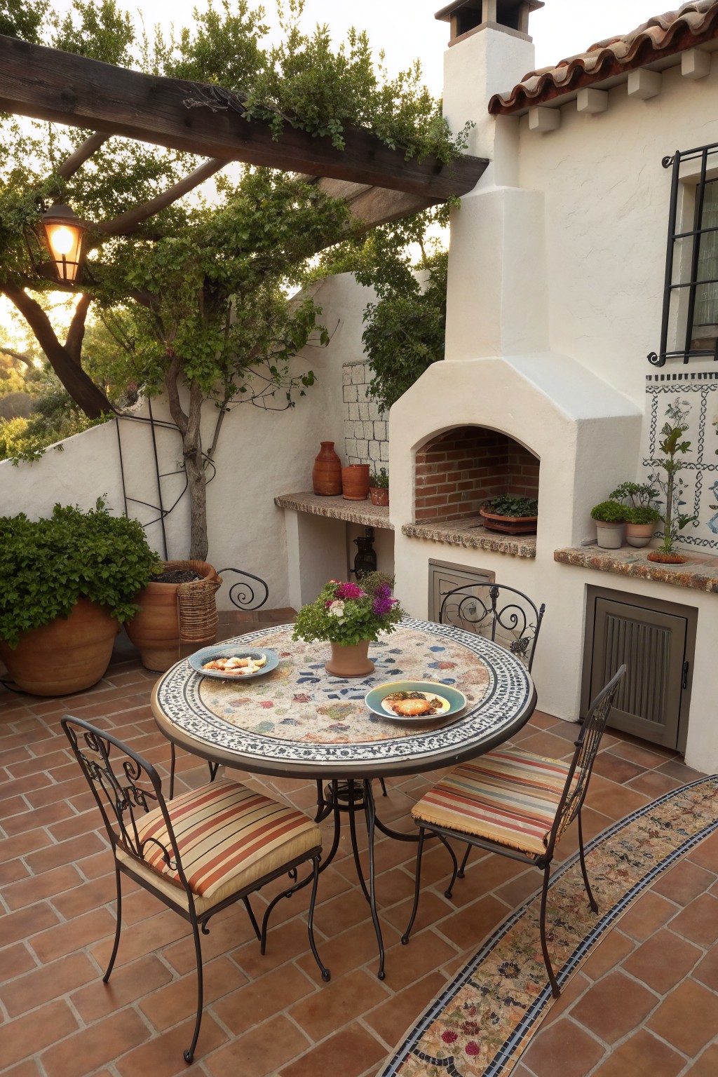 A round mosaic-tiled dining table with four cushioned chairs on a brick patio next to a white stucco outdoor fireplace.