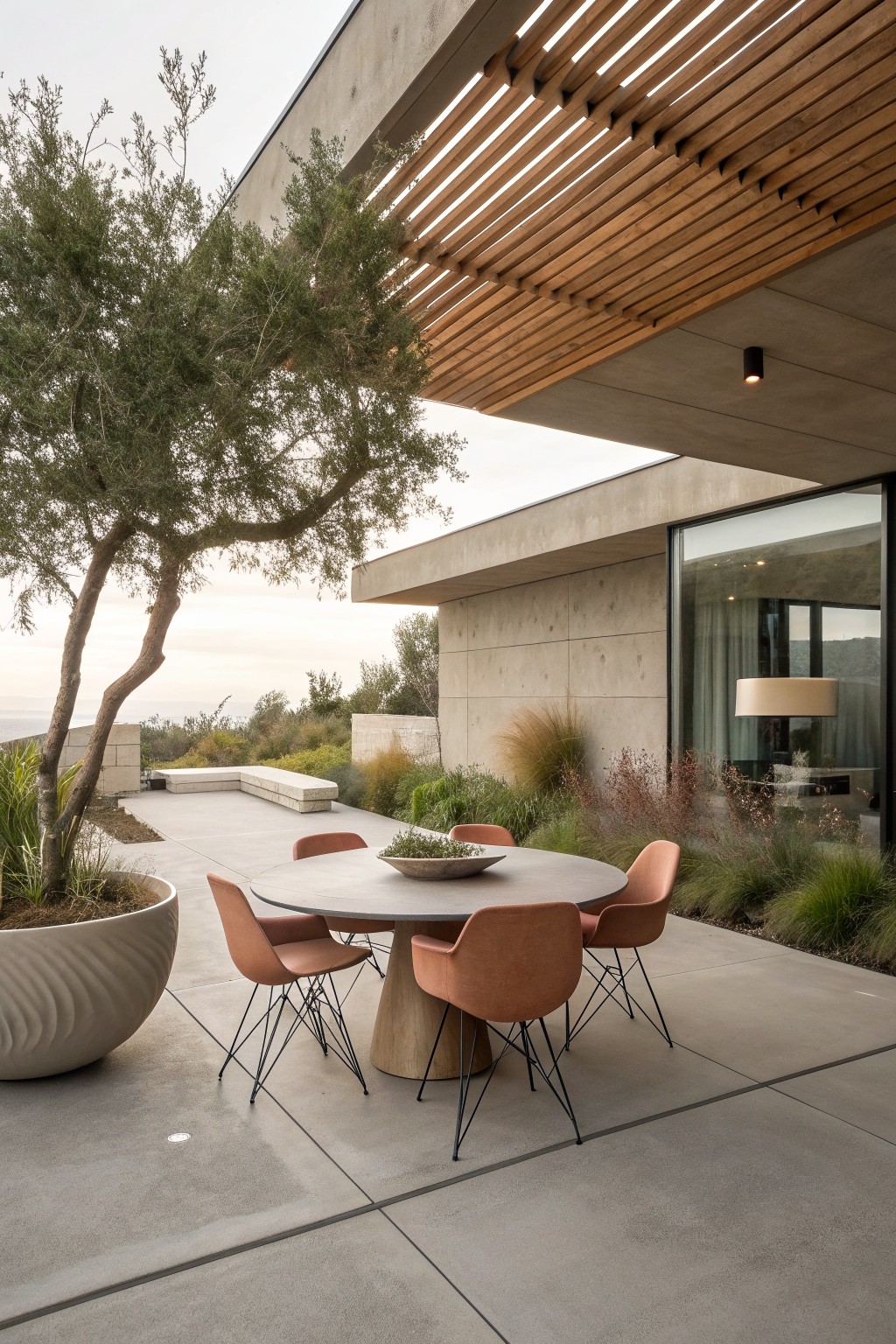 Modern patio with round table, four terracotta chairs, concrete walls, and ocean view at dusk.