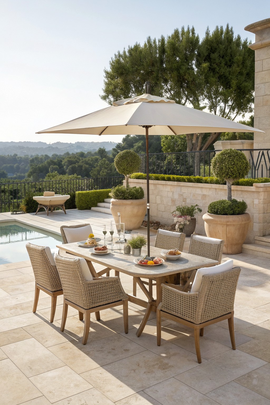 An outdoor dining table with six woven armchairs sits under a large beige umbrella on a stone patio next to a pool.