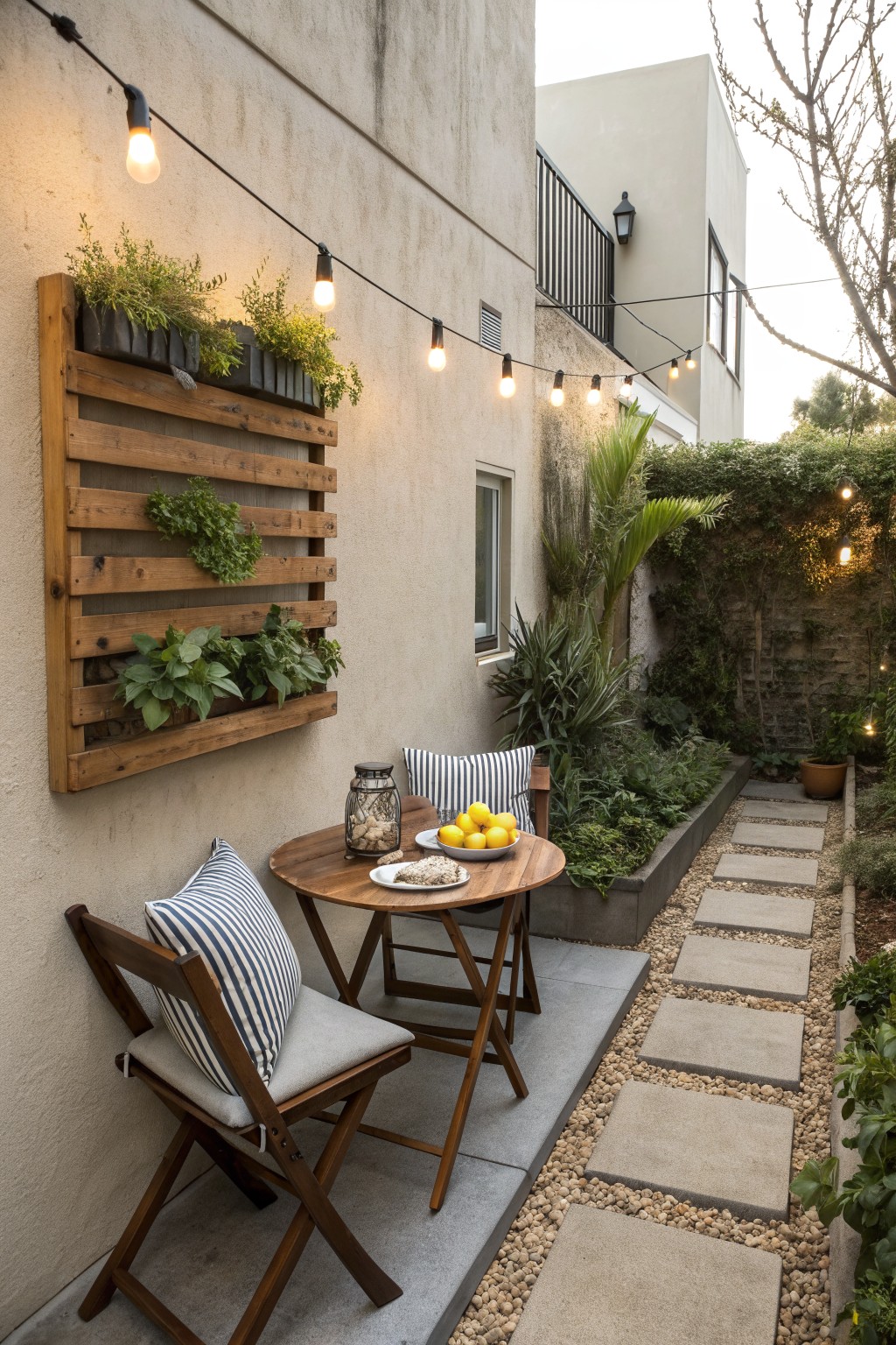 A round wooden dining table with two folding chairs on a narrow concrete patio beside a wall with a vertical planter and string lights.