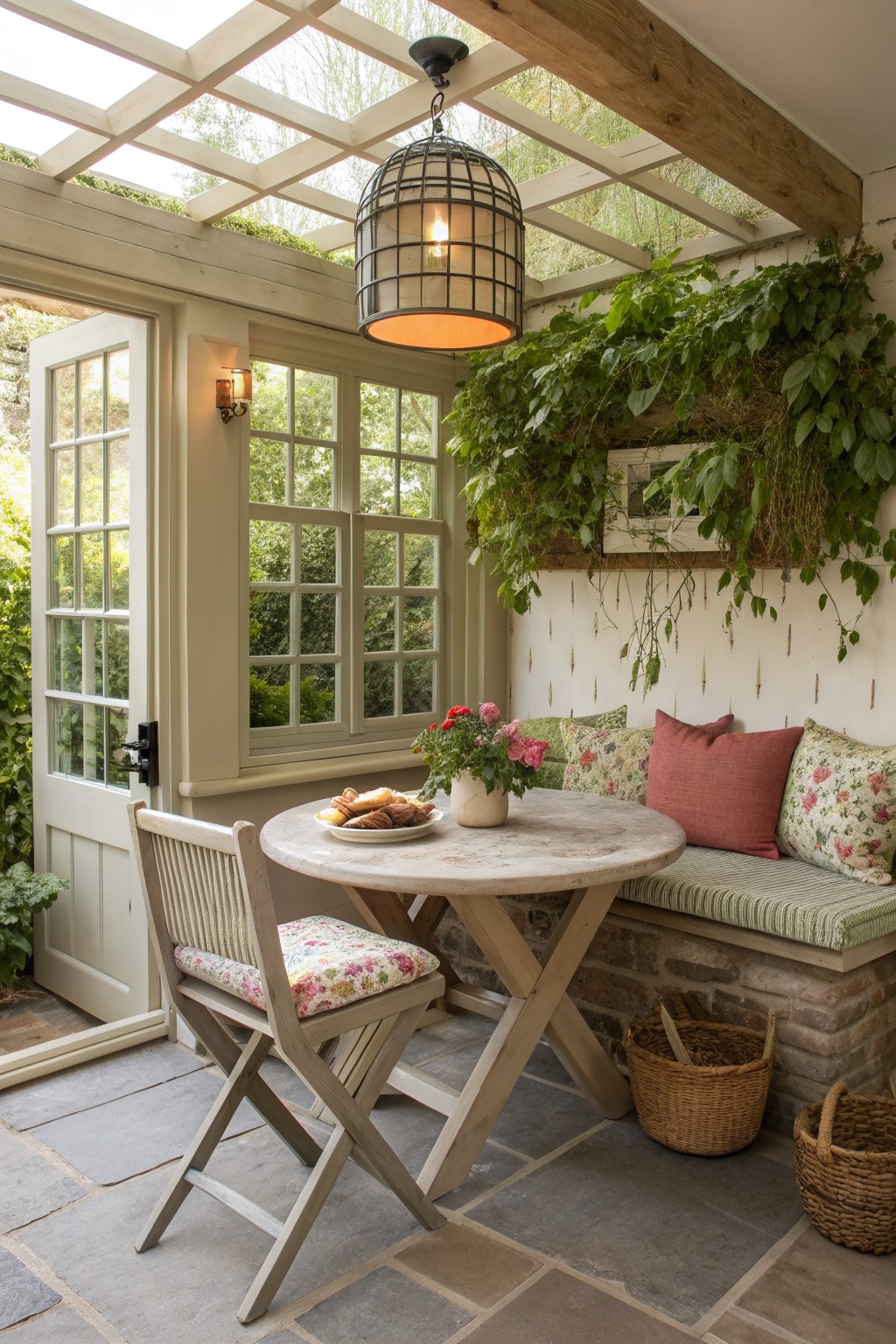 A compact outdoor seating area with a round table, two chairs, a cushioned built-in bench, hanging plants, and a glass roof overhead.