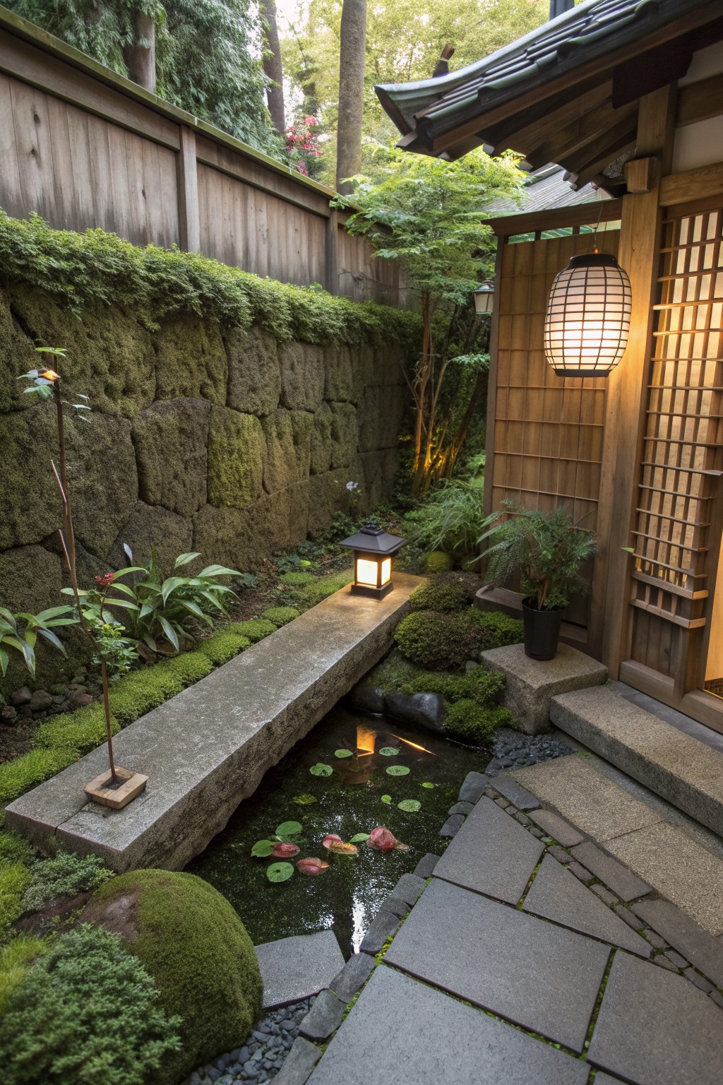 Serene Japanese garden with stone pond, glowing lanterns, mossy wall, and wooden house.