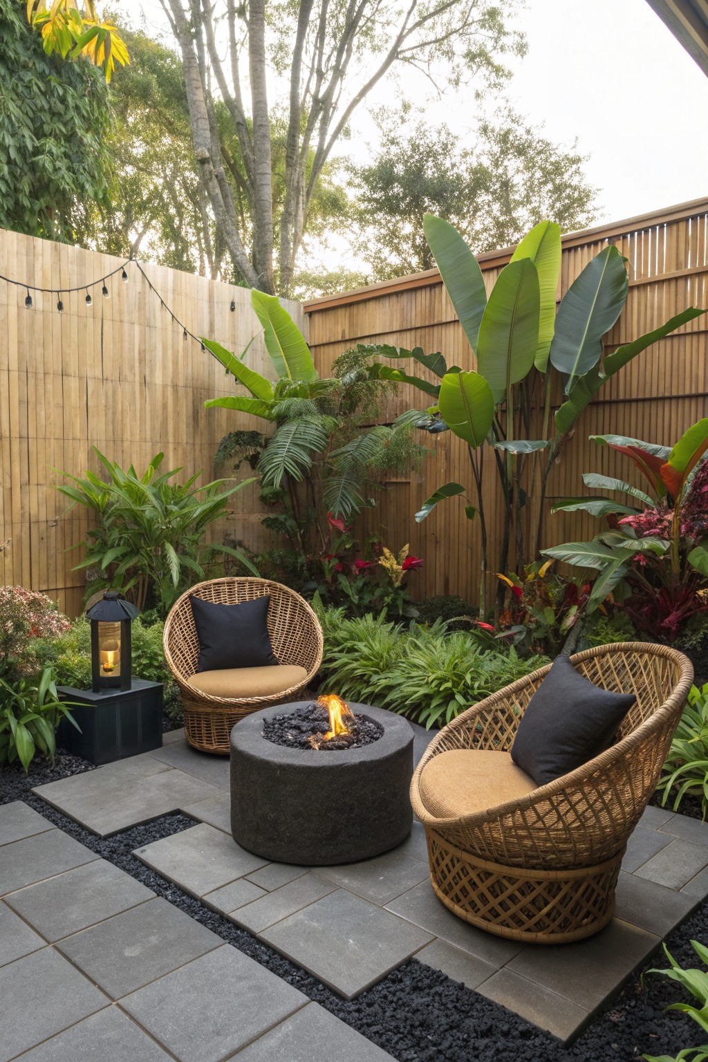 Two wicker chairs face a round concrete fire pit on a stone patio bordered by gravel and dense greenery against a wooden fence.