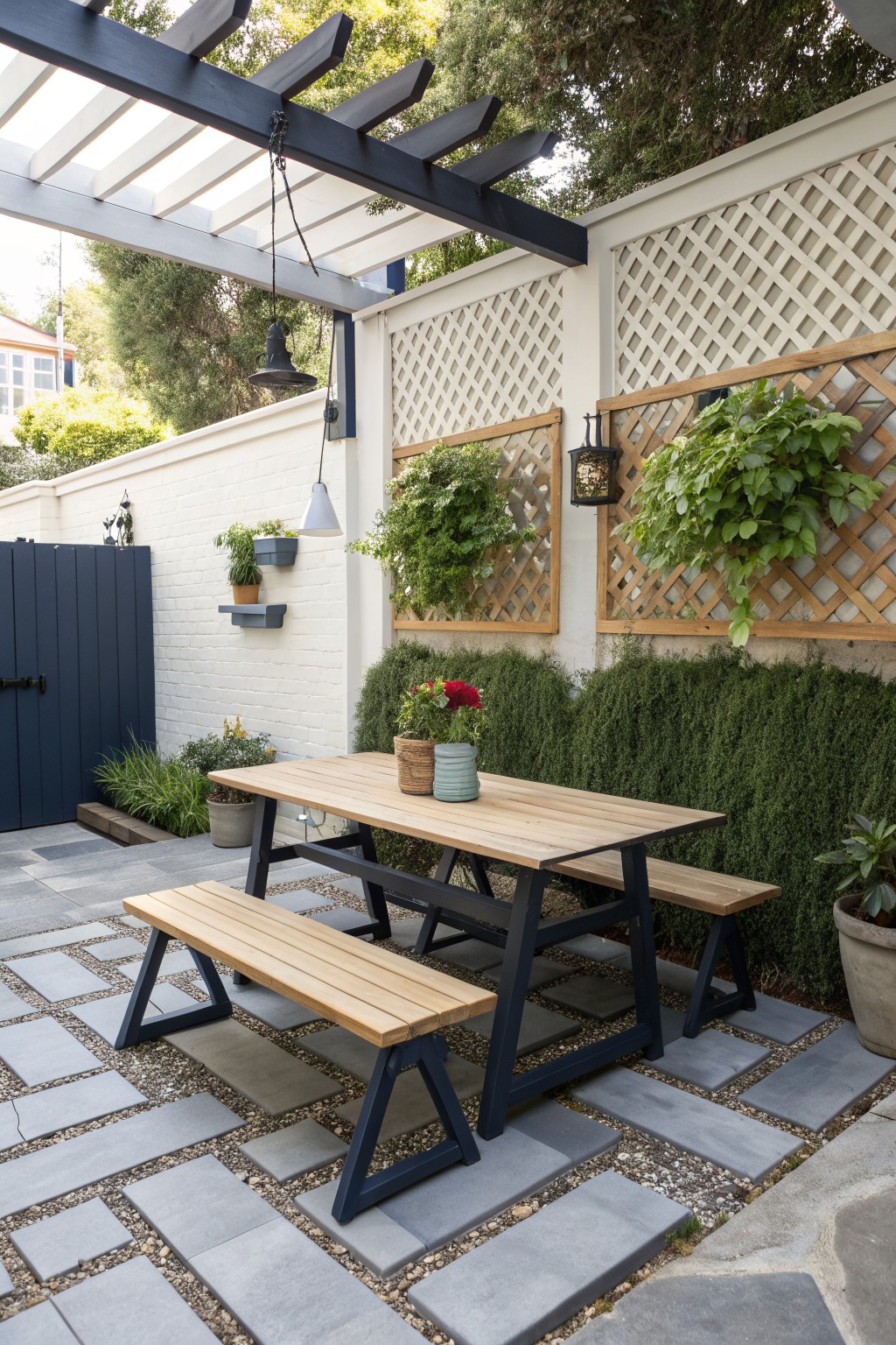 A wooden table with matching benches sits on a stone-paved patio beneath a dark pergola beside a white wall with lattice screens.