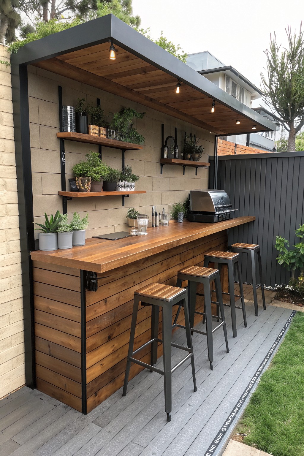 Outdoor bar with wooden counter, three metal stools, overhead shelter, wall shelves, and a grill on a backyard deck.