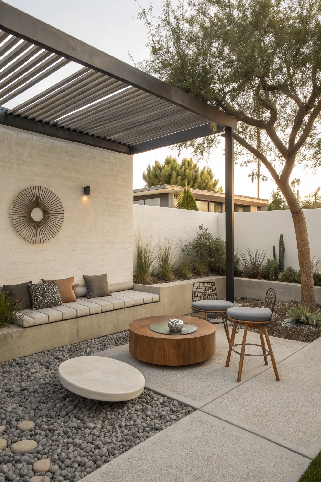 An outdoor patio features a long built-in concrete bench with neutral cushions against a stucco wall, a round wooden coffee table on gravel, two upholstered bar stools, and a metal pergola overhead.