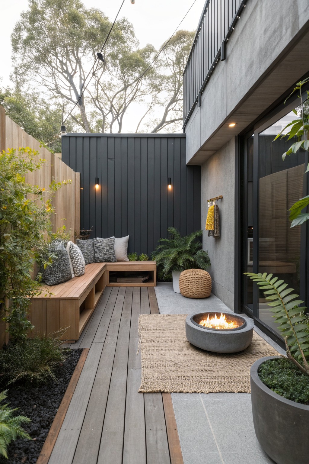 A compact outdoor deck with built-in wooden benches along a dark fence, a round fire pit on a woven rug, potted plants, and a modern house exterior.