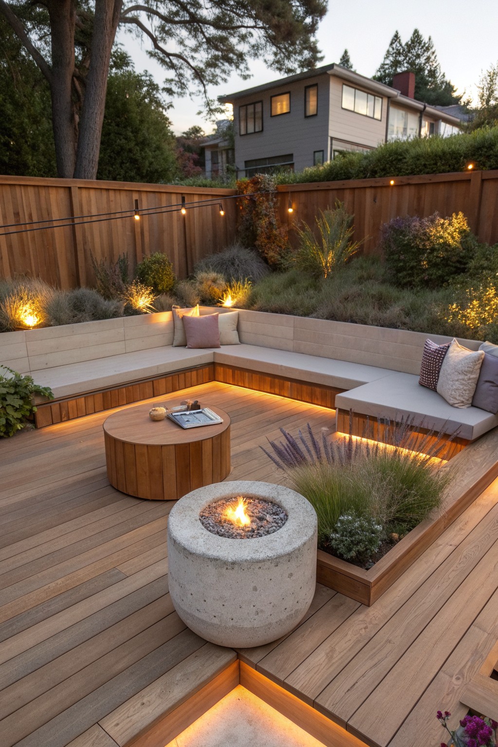 A wooden backyard deck with L-shaped built-in seating, a round concrete fire pit in the center, and under-bench lighting at dusk.