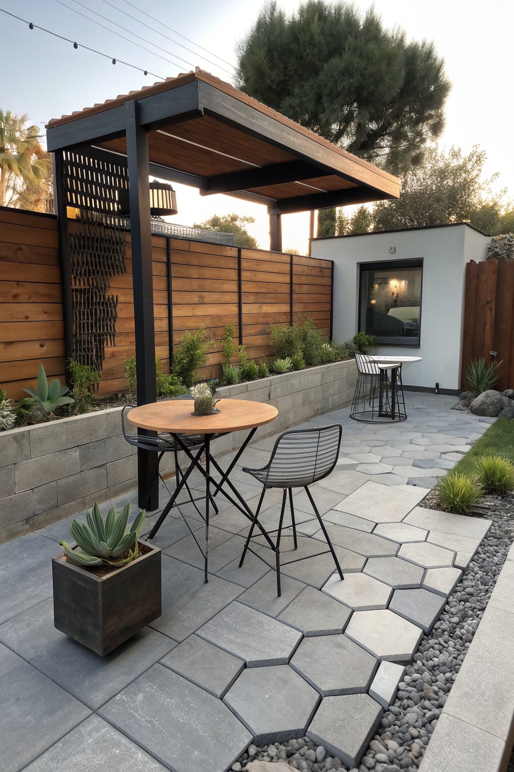 Modern patio with round wooden table, black chairs under pergola on stone pavers.