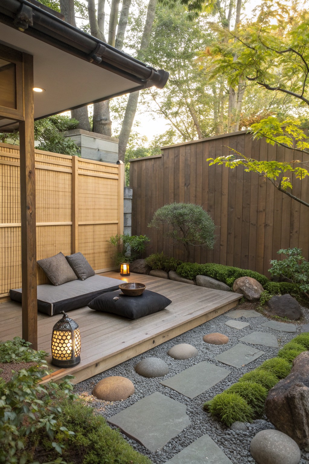 A wooden platform deck with gray cushions, dark pillows, and lit lanterns borders a gravel area with stone pavers in a fenced backyard garden.
