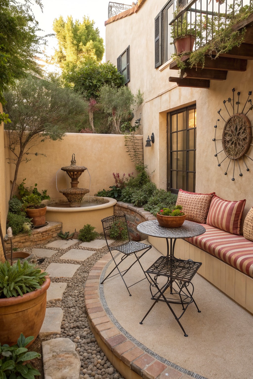 A small courtyard patio with a curved built-in bench along a stucco wall, a round metal table with chairs, a stone fountain, and gravel and stone paving.