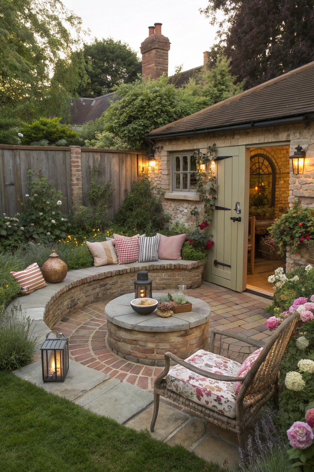 A small backyard patio with a curved stone bench surrounding a central brick fire pit, a wicker chair nearby, and a green door on a stone building in the background.