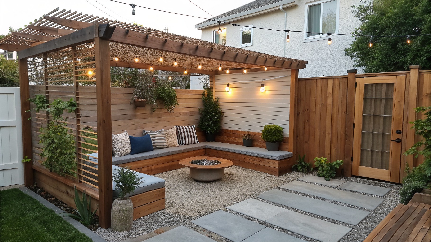 Wooden pergola with built-in bench seating along a fence, gravel patio, pavers, and round concrete fire pit in a small backyard.