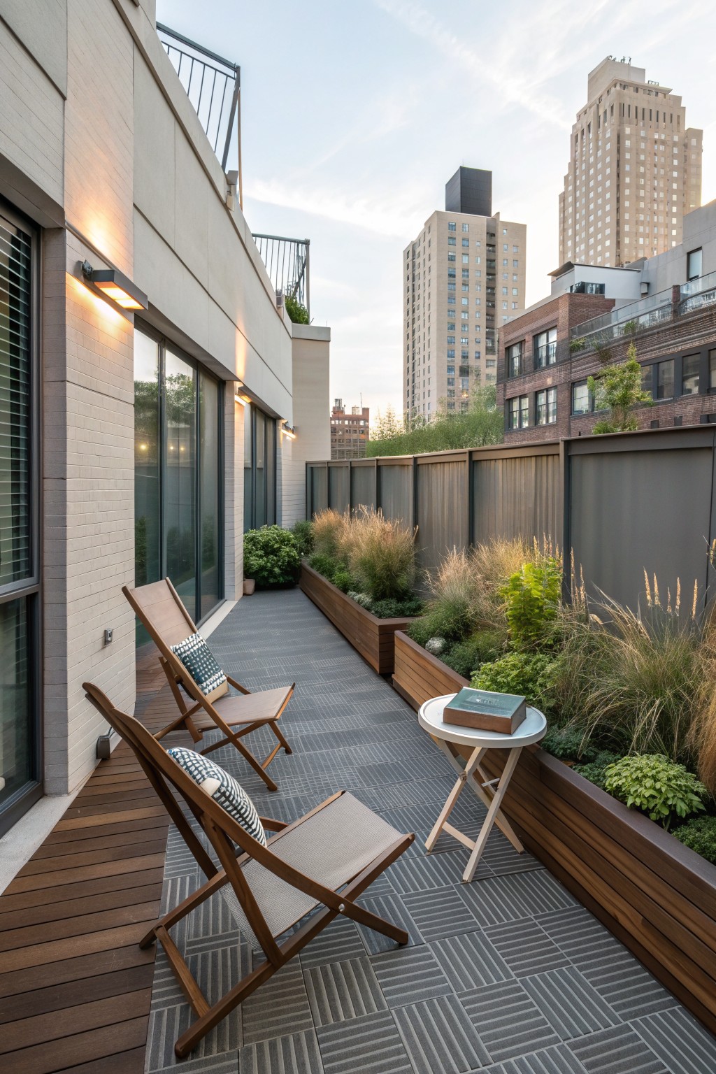 A narrow outdoor terrace with two wooden foldable lounge chairs, a small round table holding a book, and raised wooden planters with grasses along the right side.