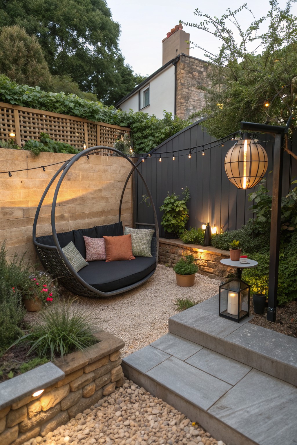 A small backyard patio with a large hanging circular daybed, string lights, potted plants, and a gravel surface next to stone steps.