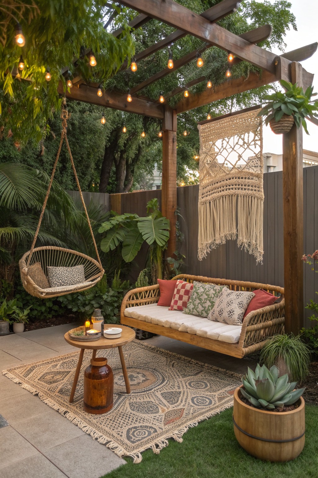 A small backyard patio under a wooden pergola strung with lights, showing a hanging rattan chair on the left and a cushioned bench on the right, both placed on a large patterned rug with potted plants nearby.