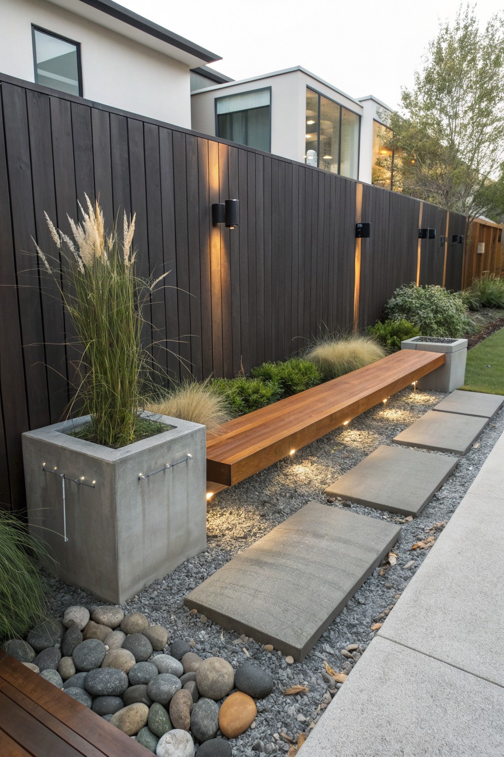 A long wooden bench runs along a dark fence in a gravel backyard area, with a large concrete planter holding tall ornamental grass on the left and concrete stepping stones on the right.