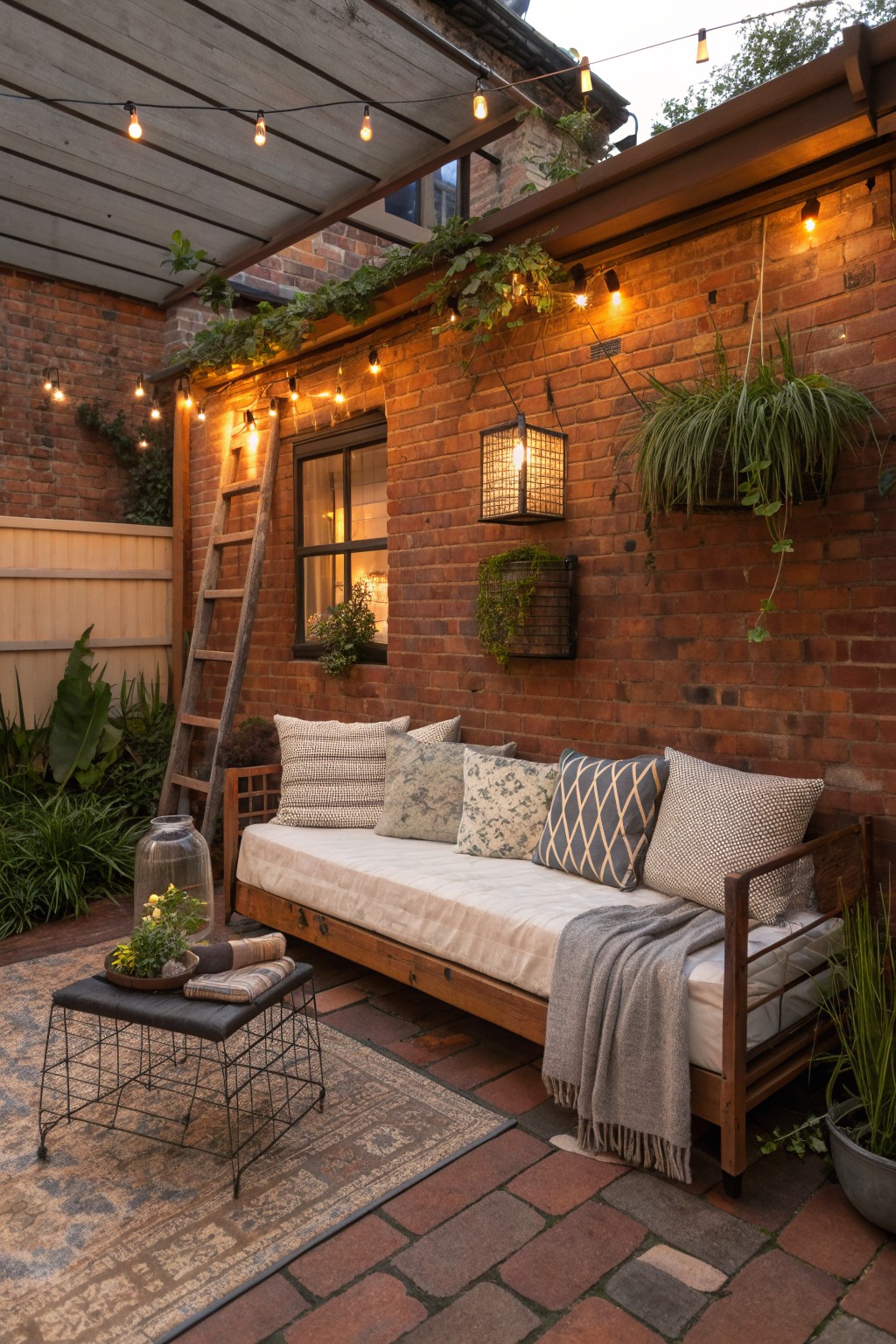 A wooden daybed with cushions and a throw blanket sits on a brick patio against a red brick wall, with string lights overhead and potted plants nearby.