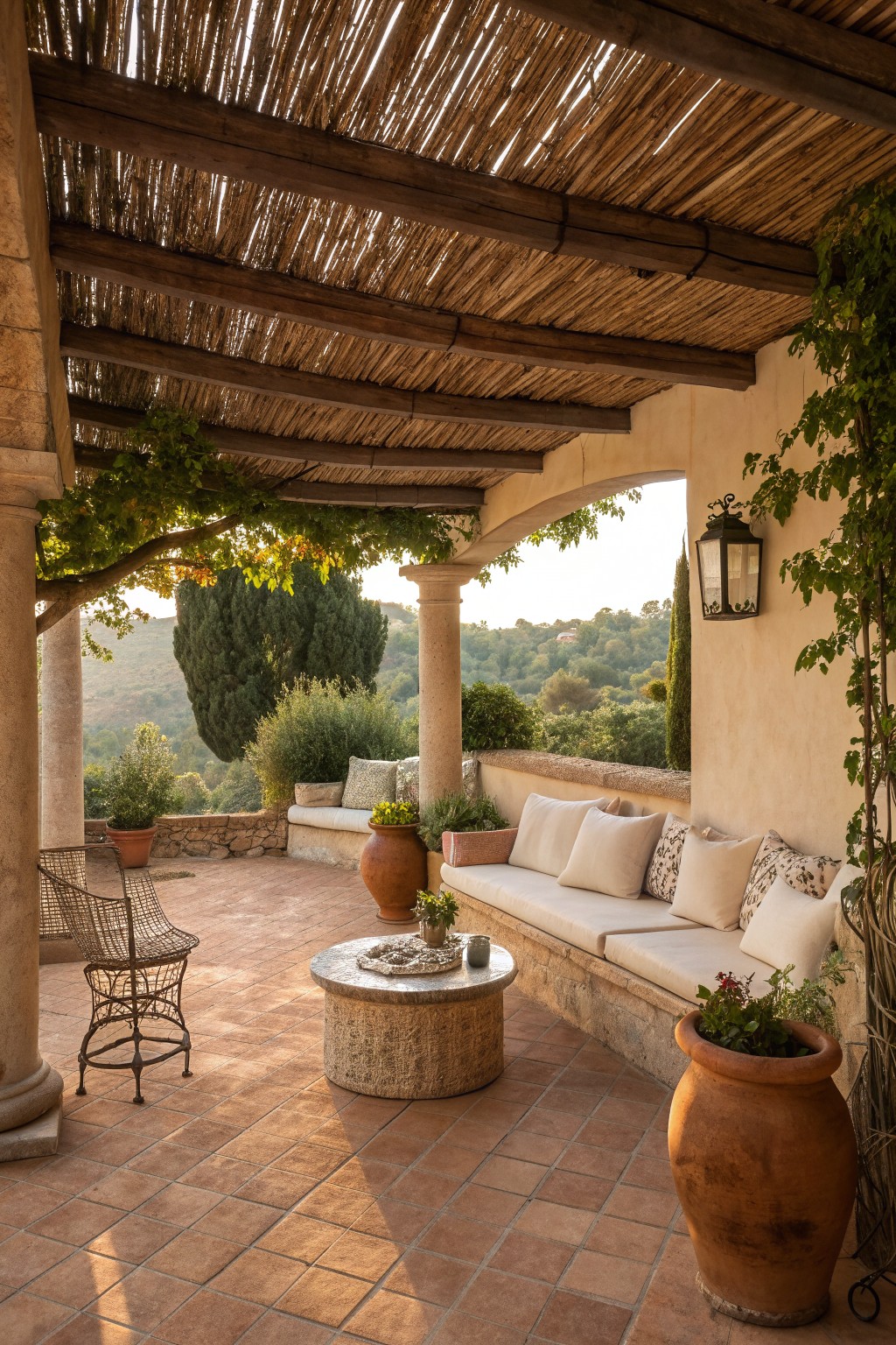A covered patio with a thatched pergola, built-in bench seating with cushions along a stone wall, a round stone table, terracotta pots, and a hilly landscape beyond.