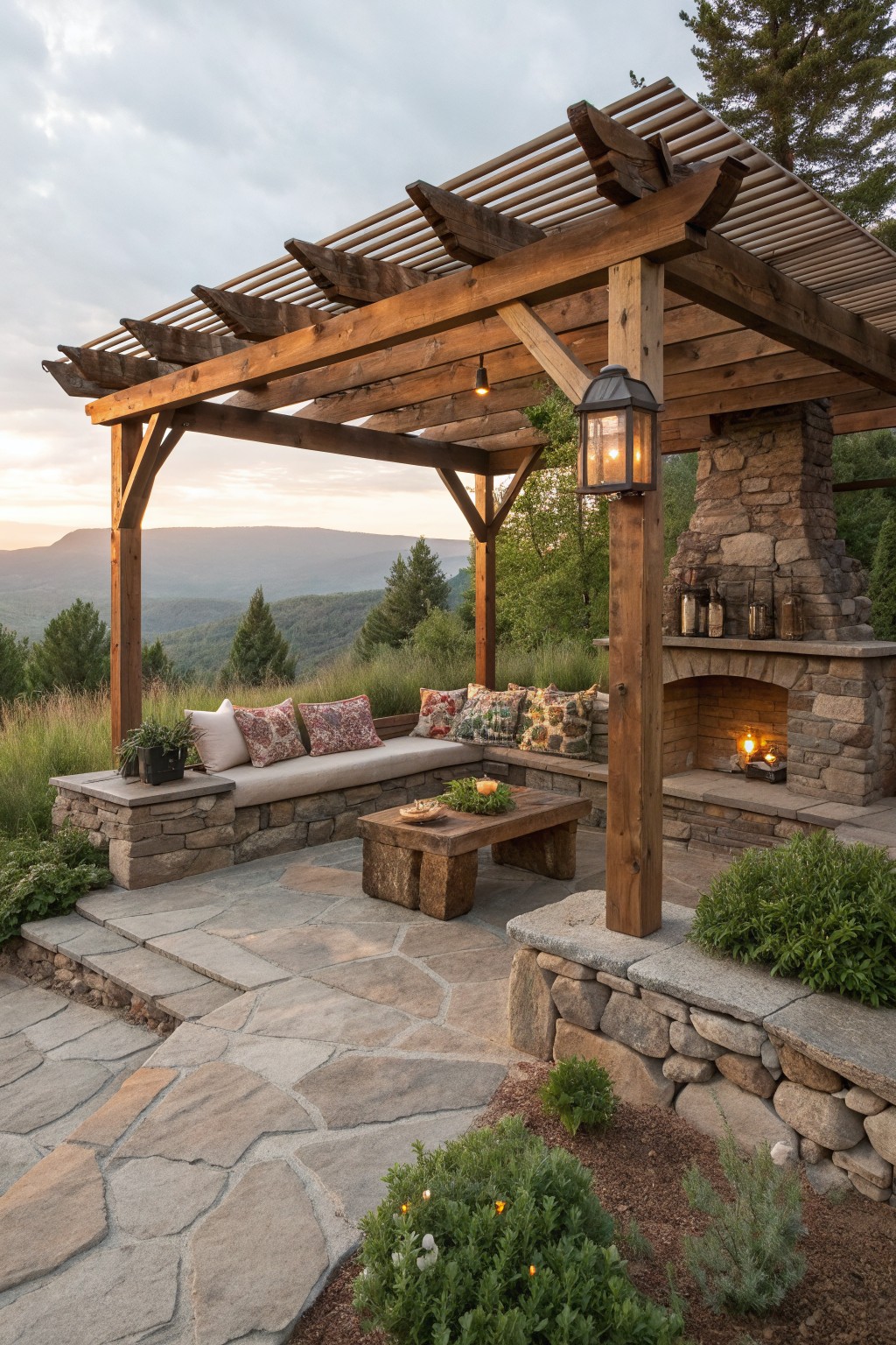 A wooden pergola with a slatted roof covers a stone patio that includes built-in benches, a low table, and a stone fireplace.