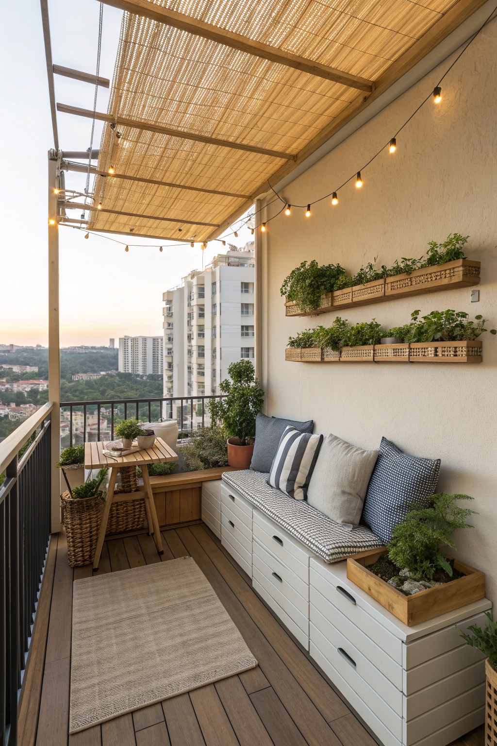 A balcony with white built-in storage benches topped with cushions, a retractable wooden slat shade overhead, string lights, and potted plants along the wall.