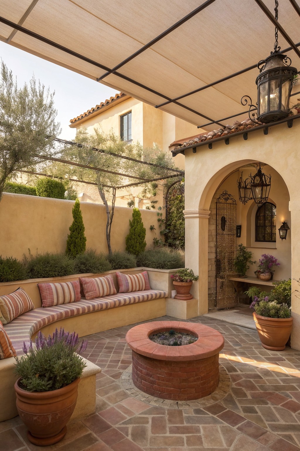 Outdoor patio with curved built-in bench seating, striped cushions, terracotta fire pit, and a pergola fitted with a beige fabric shade cover.