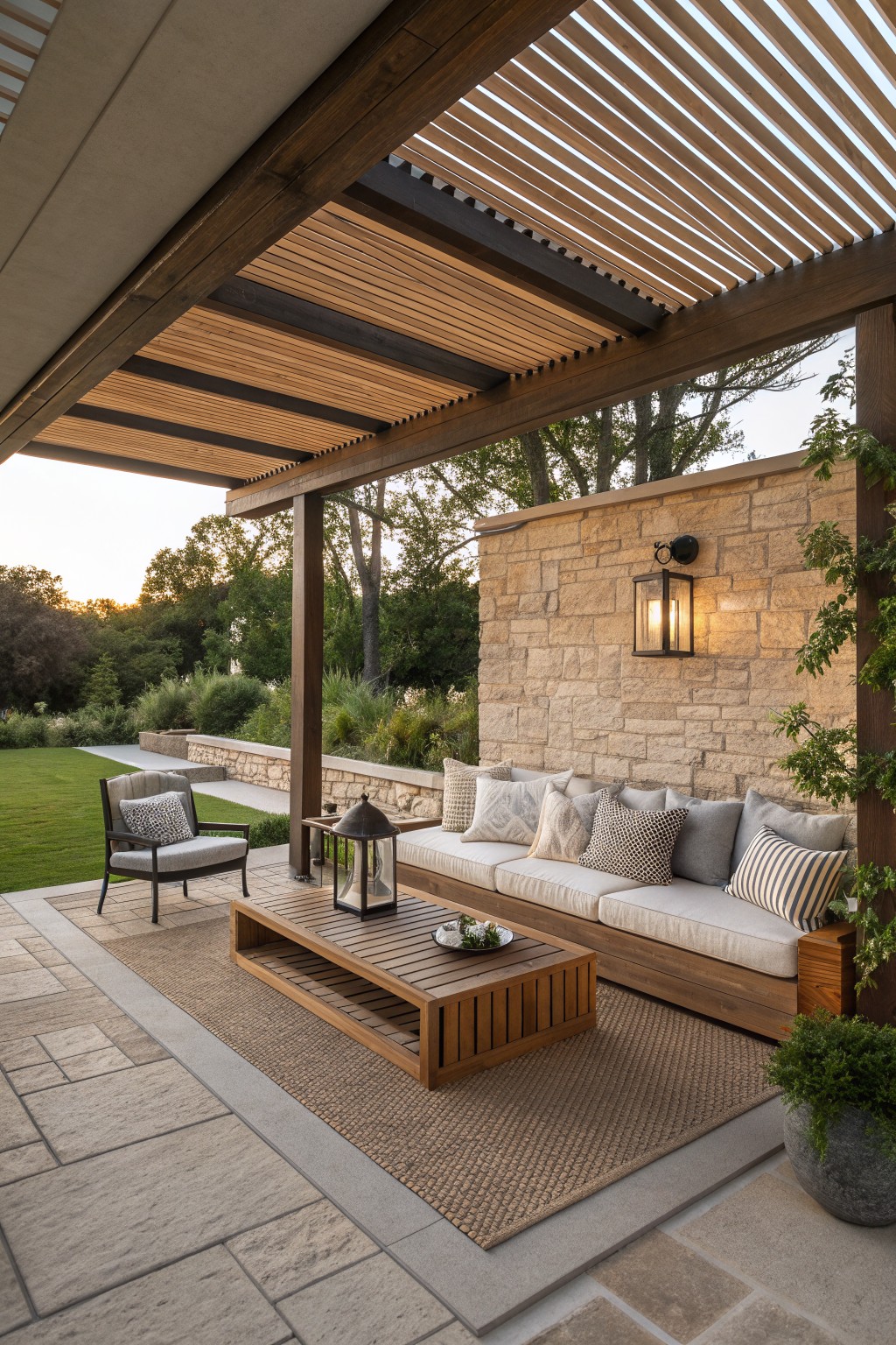 A wooden pergola with a slatted roof shades a stone patio with built-in bench seating lined with cushions against a stone wall, a low wooden coffee table on a woven rug, and a single armchair nearby.