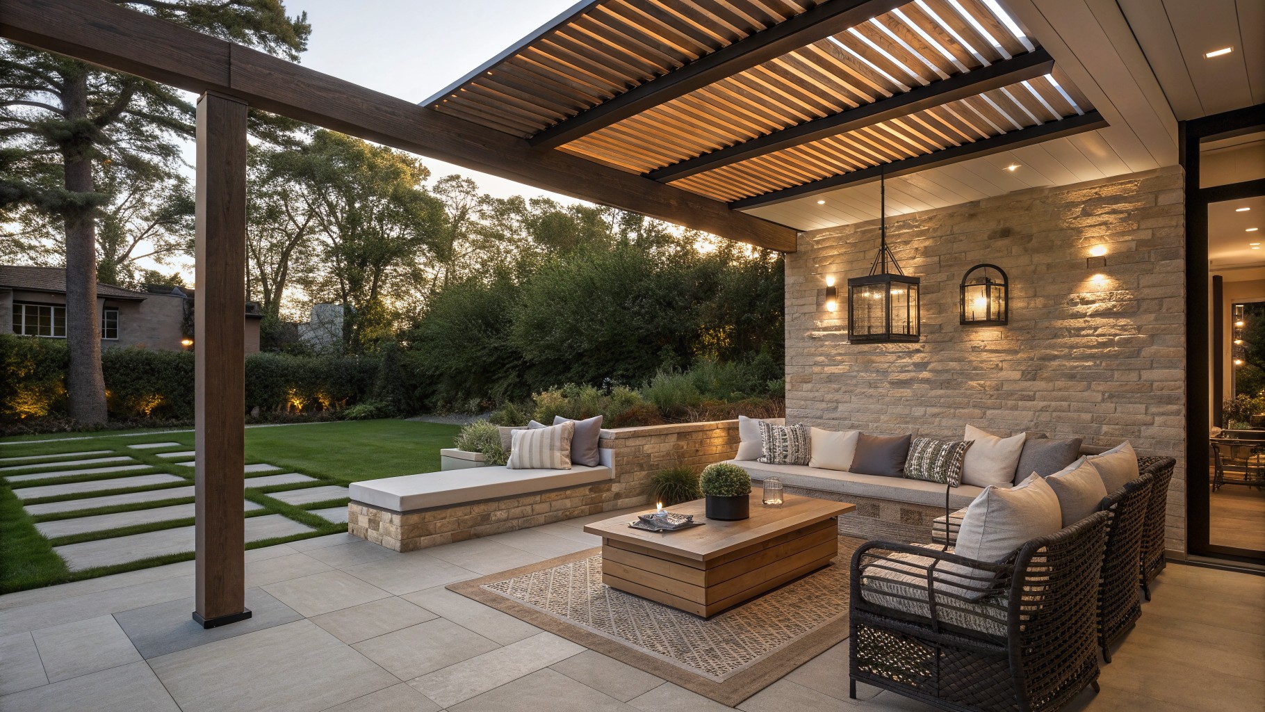 A wooden pergola with a slatted roof shades a stone patio with built-in bench seating lined with cushions against a stone wall, a low wooden coffee table on a woven rug, and a single armchair nearby.