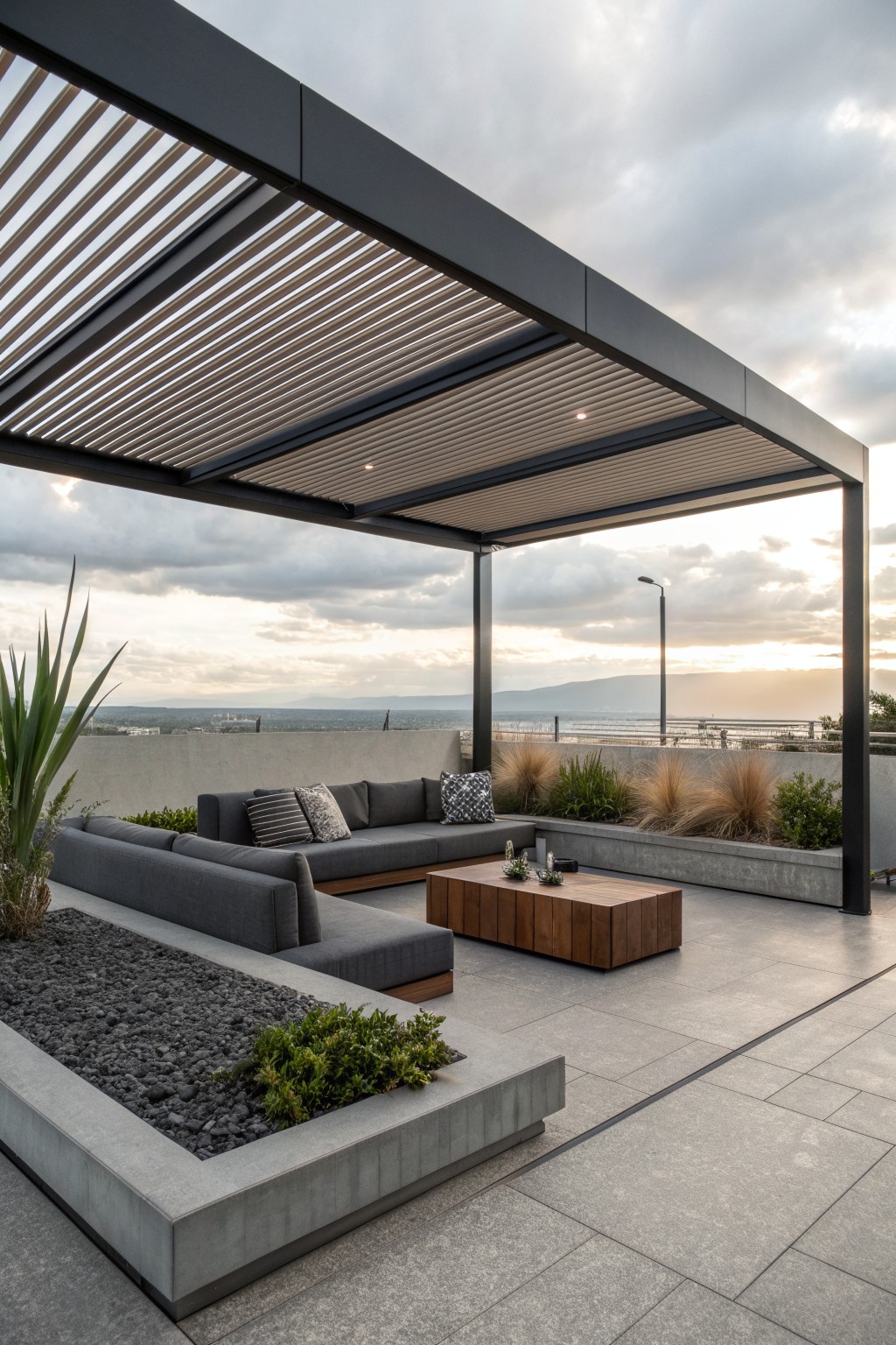 A modern rooftop terrace with a dark metal louvered pergola over gray sectional seating and a wooden coffee table, with distant hills visible beyond the railing.