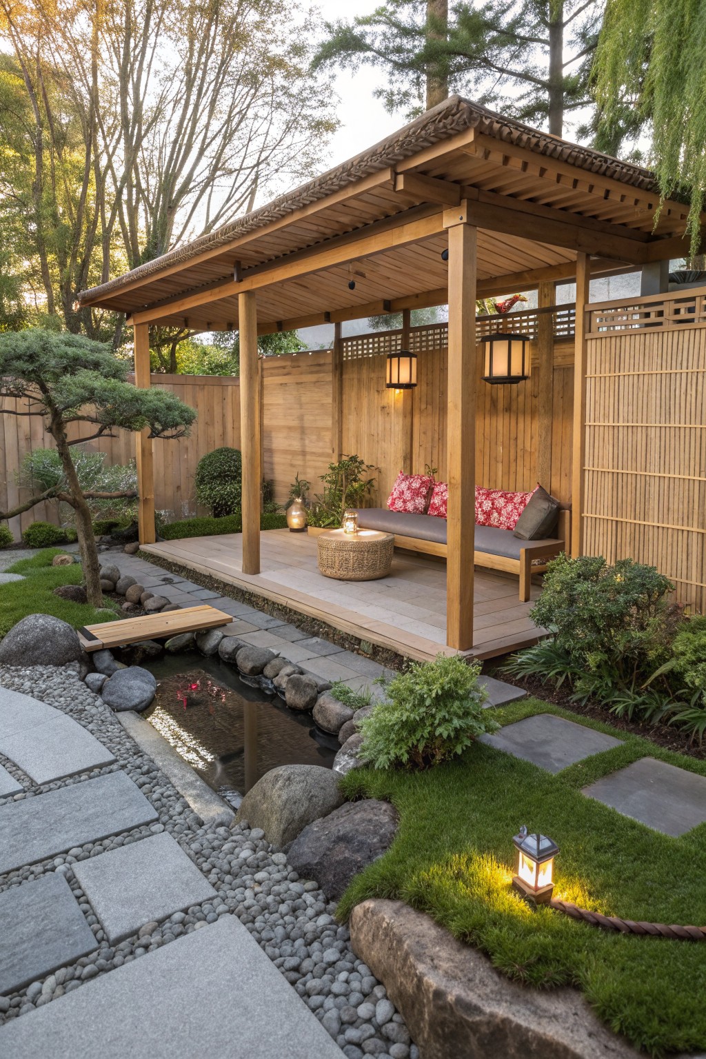 A wooden pergola with a roof covers a bench with cushions on a raised deck next to a small pond in a garden.