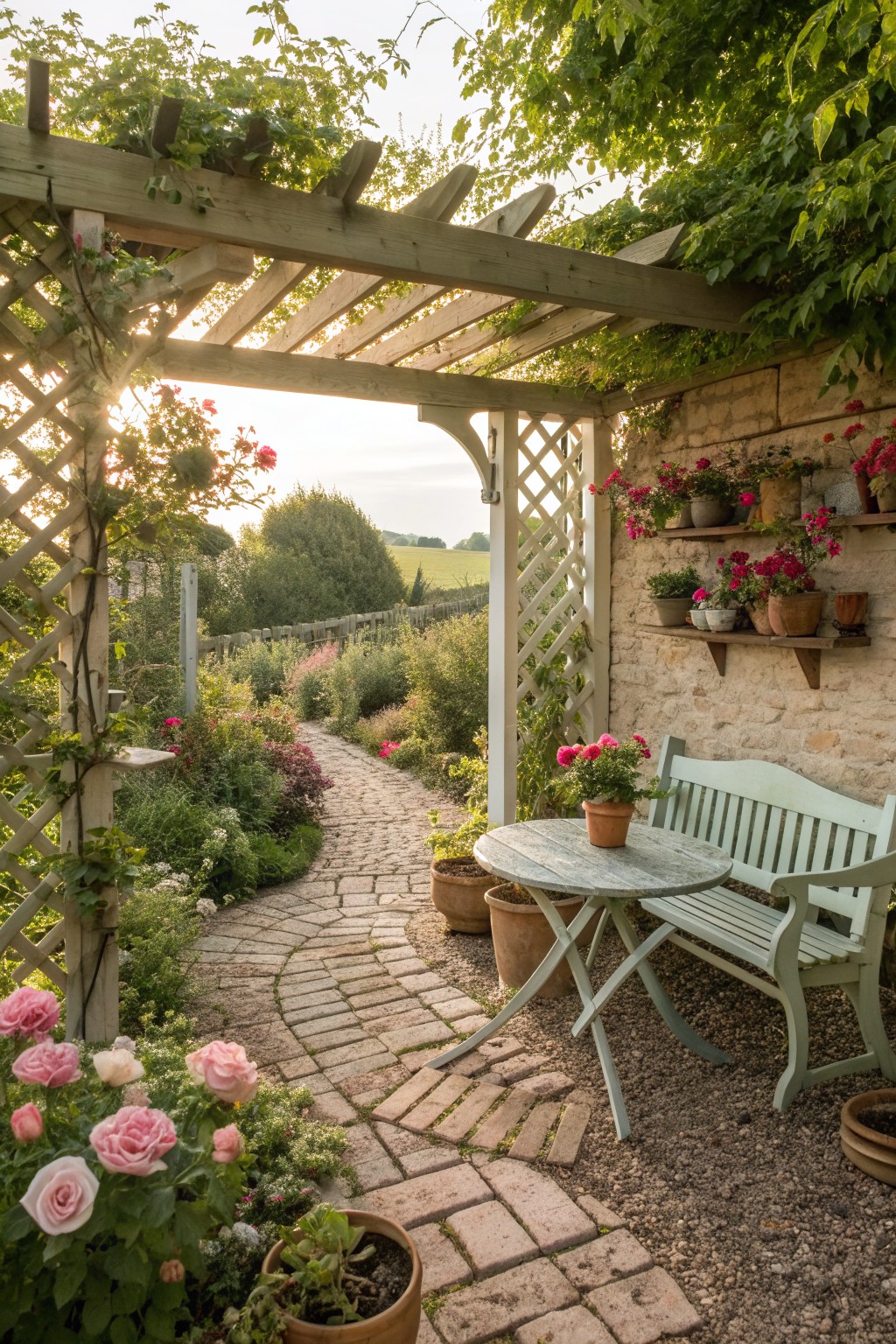A wooden pergola shades a light green bench and round table placed on gravel next to a stone wall with shelves of potted plants, beside a curving brick path.