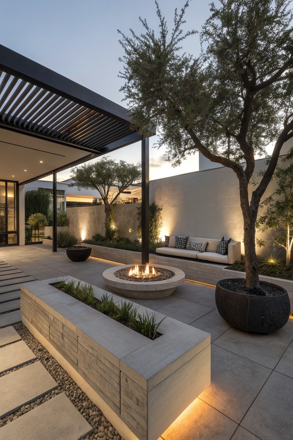 Outdoor patio with a modern slatted pergola providing shade over a round concrete fire pit, surrounded by a built-in bench, large potted trees, and a low concrete planter on a tiled surface.