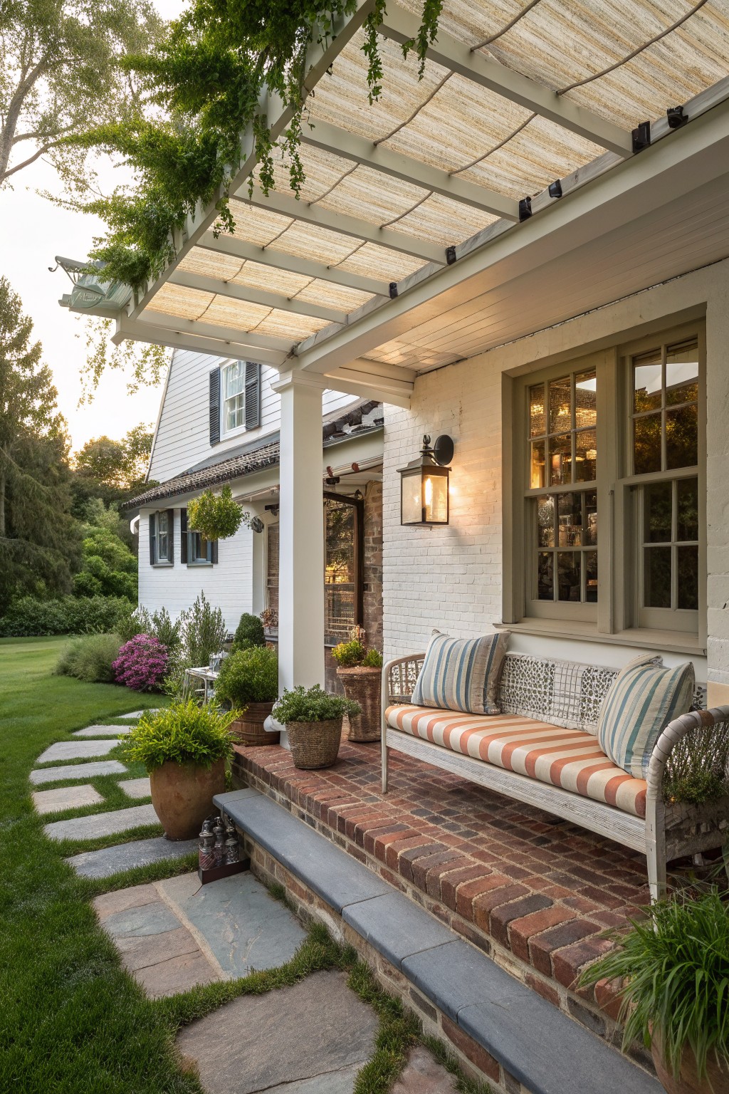 A white brick porch with a pergola overhead shading a striped cushion bench beside a house window.