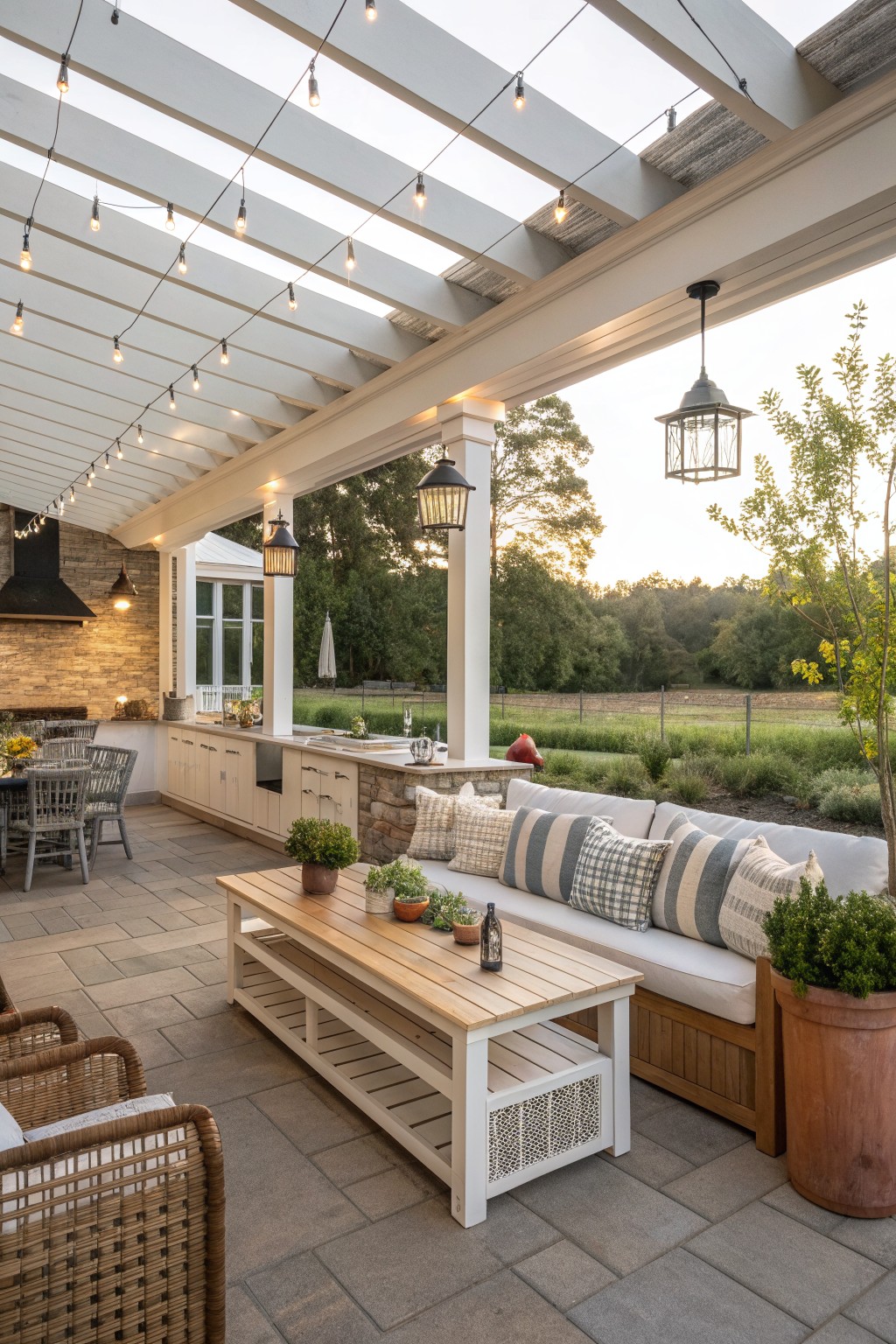 A covered outdoor patio with a white pergola, string lights, built-in bench seating with striped pillows, a wooden coffee table, and an outdoor kitchen area overlooking a grassy field.
