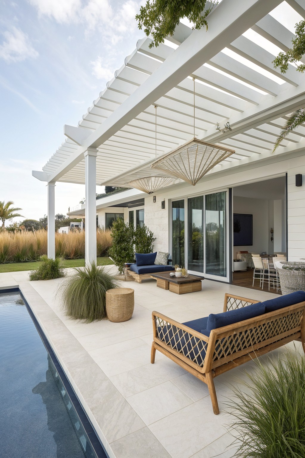 Modern white pergola patio with wooden blue-cushioned sofas beside swimming pool