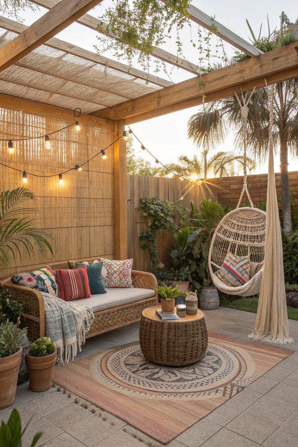 Cozy patio with wicker sofa, hanging chair, string lights, rug, and plants at sunset.