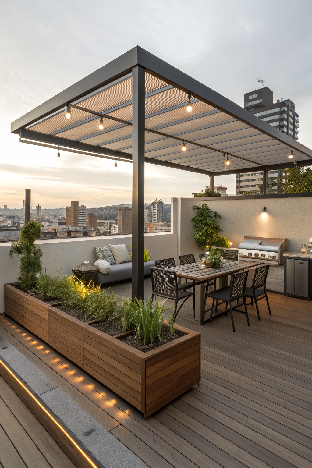 A modern rooftop terrace featuring a dark metal pergola with a slatted roof over a wooden dining set, gray sofa, and long wooden planters with greenery.