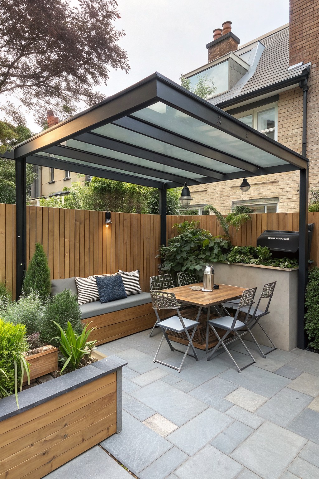 Modern patio under glass-roofed pergola with wooden table, chairs, bench, and grill.