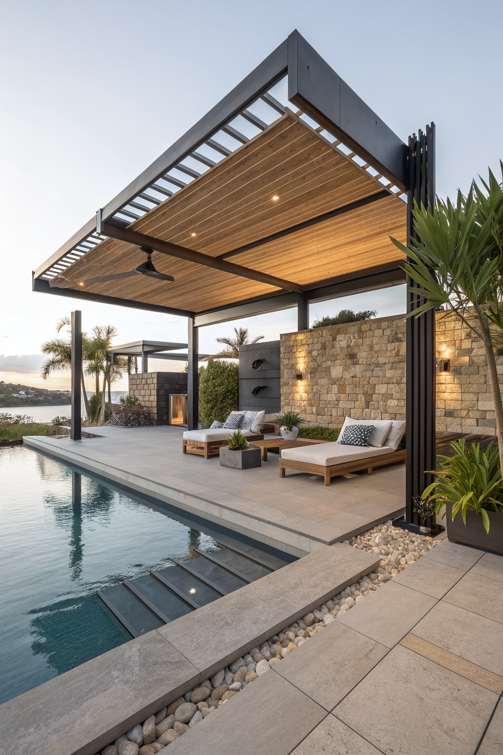 Modern dark-framed pergola with wooden slat ceiling and solid roof sections covering lounge chairs beside a pool, with stone wall and plants in the background.