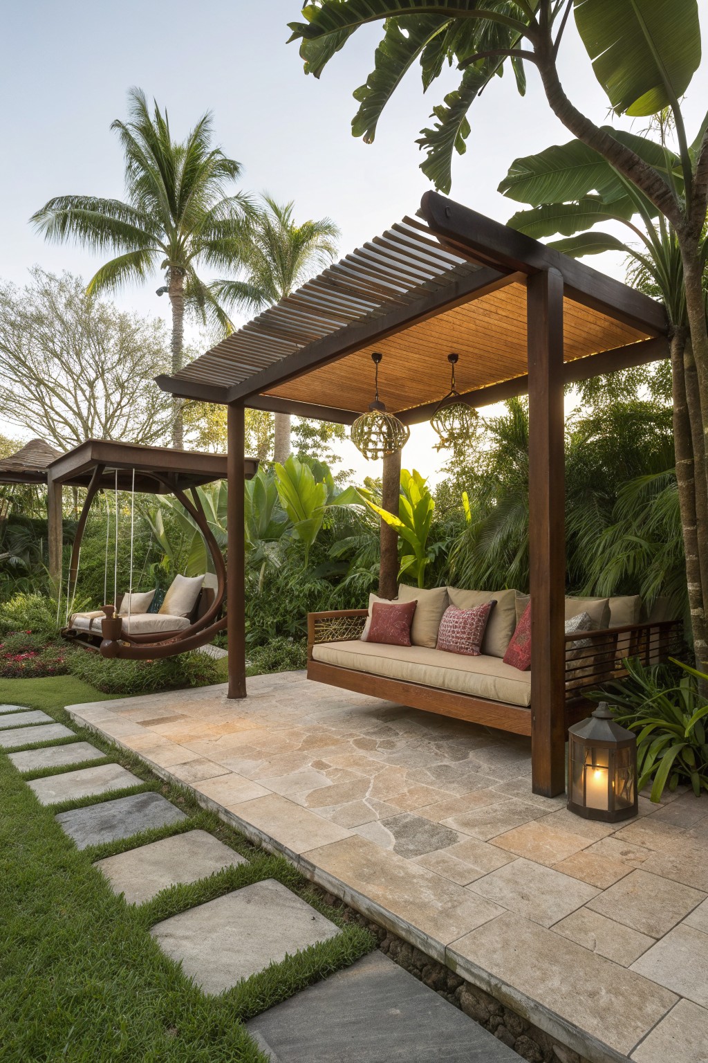 A wooden pergola with horizontal slats covers a cushioned bench on a stone patio, with hanging lanterns and a hanging daybed nearby in a garden setting.