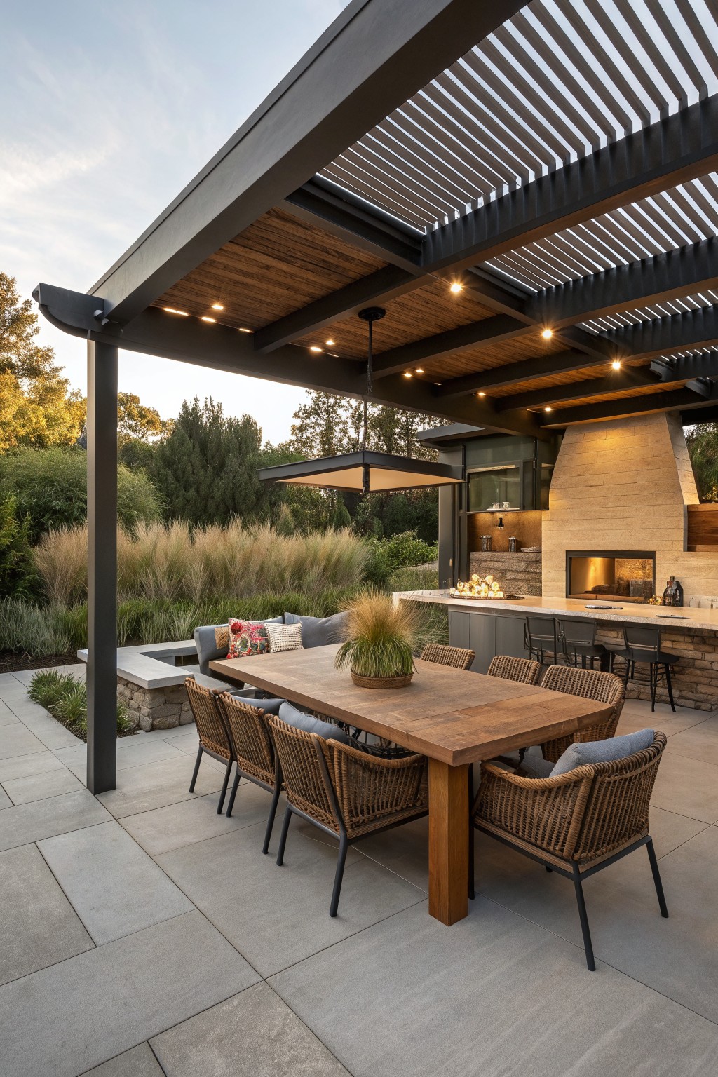 An outdoor patio under a dark metal pergola with a wooden slatted roof, featuring a long wooden dining table, woven chairs, and an adjacent outdoor kitchen with a stone fireplace.