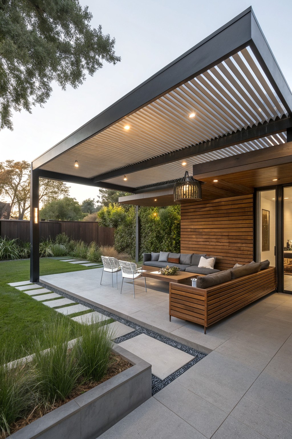 Modern outdoor patio under a dark metal pergola with light horizontal slats, built-in wood bench seating with cushions, a low table, and two chairs on a paved surface next to grass and garden beds.