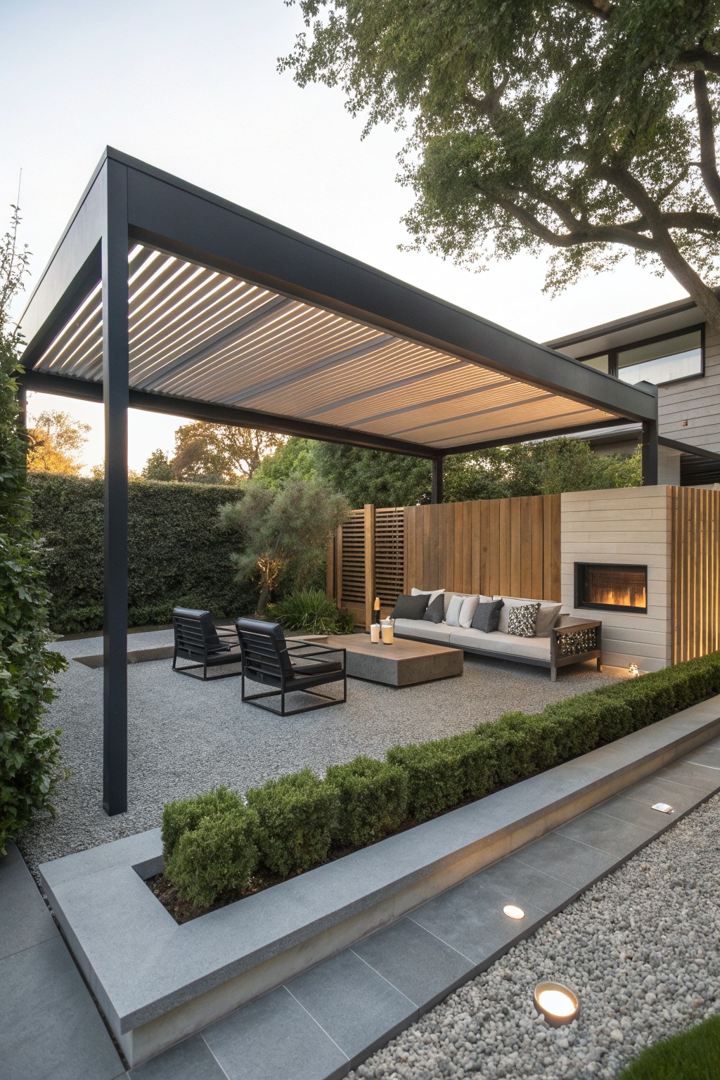 Modern patio under black pergola with sofa, chairs, and fireplace at dusk.