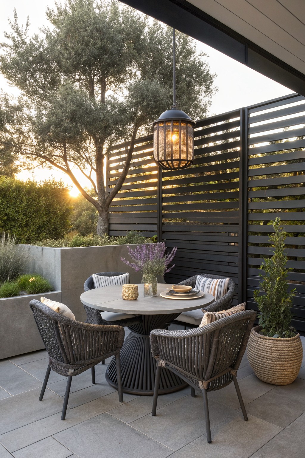 Outdoor patio with round concrete table, four woven chairs, black horizontal slat metal panels, hanging lantern, and potted plants.