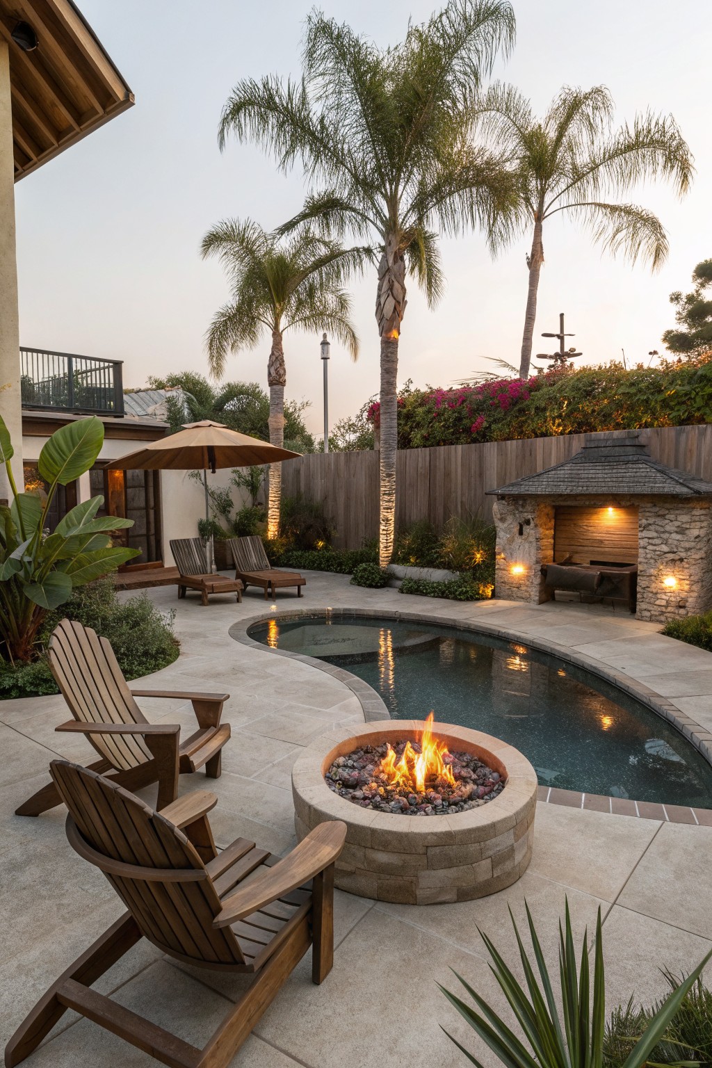 Backyard patio with pool, fire pit, wooden chairs, palm trees, and stone fireplace at dusk