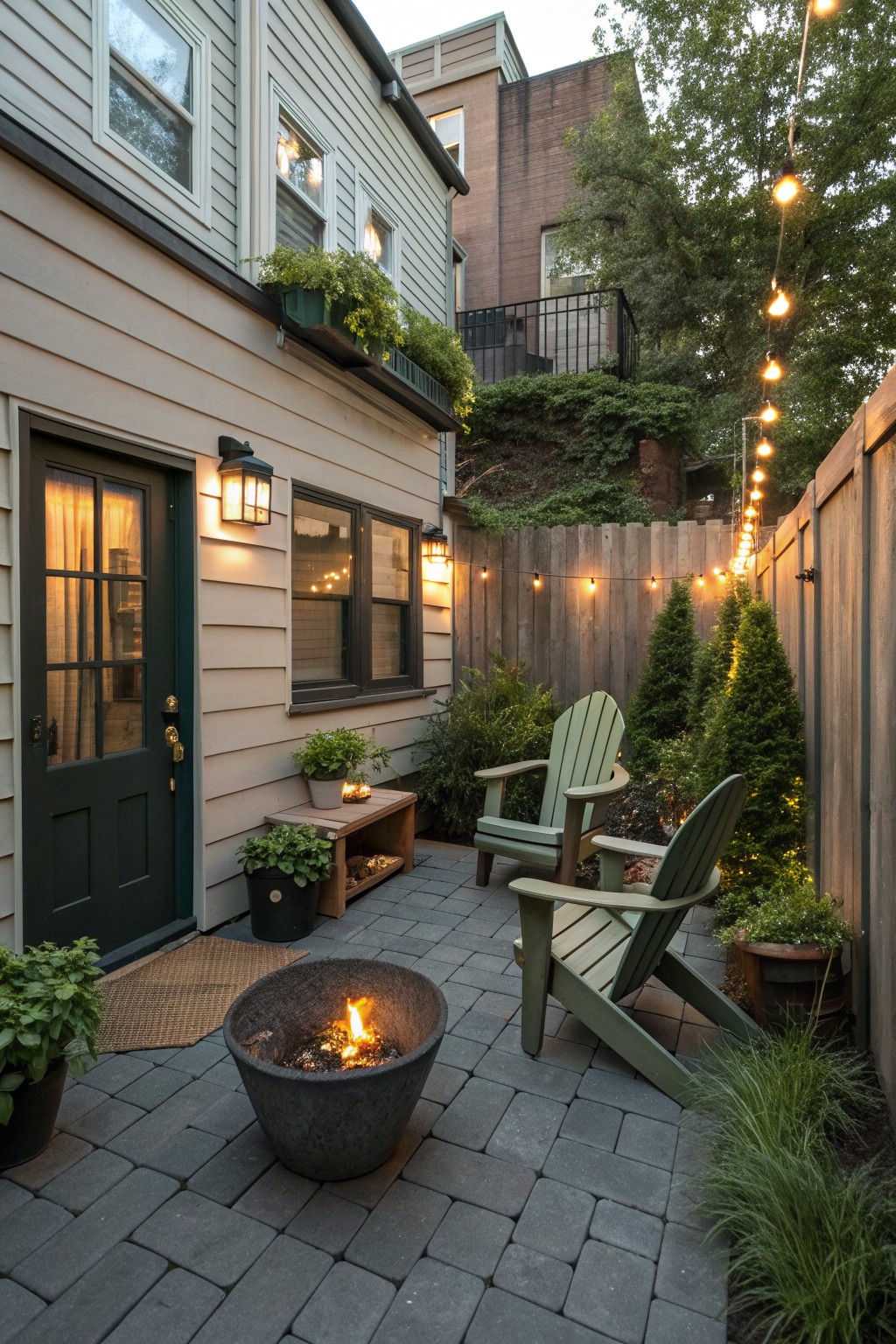 Cozy paved patio with burning fire pit, green Adirondack chairs, and string lights.