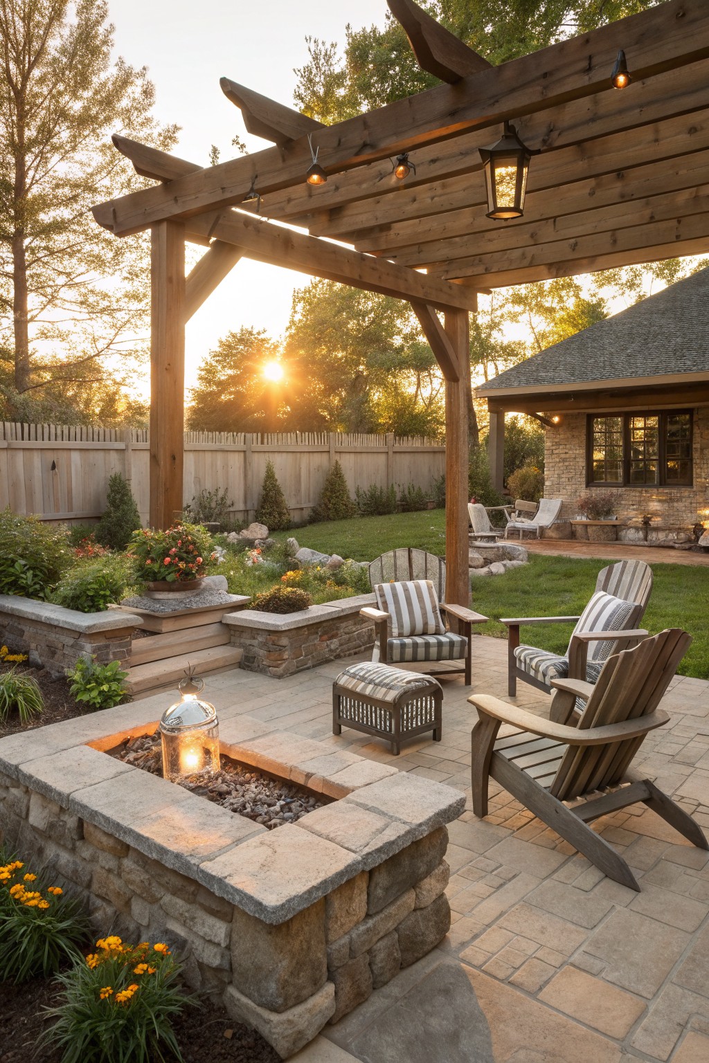 A stone fire pit on a patio surrounded by wooden Adirondack chairs with striped cushions under a wooden pergola at sunset.