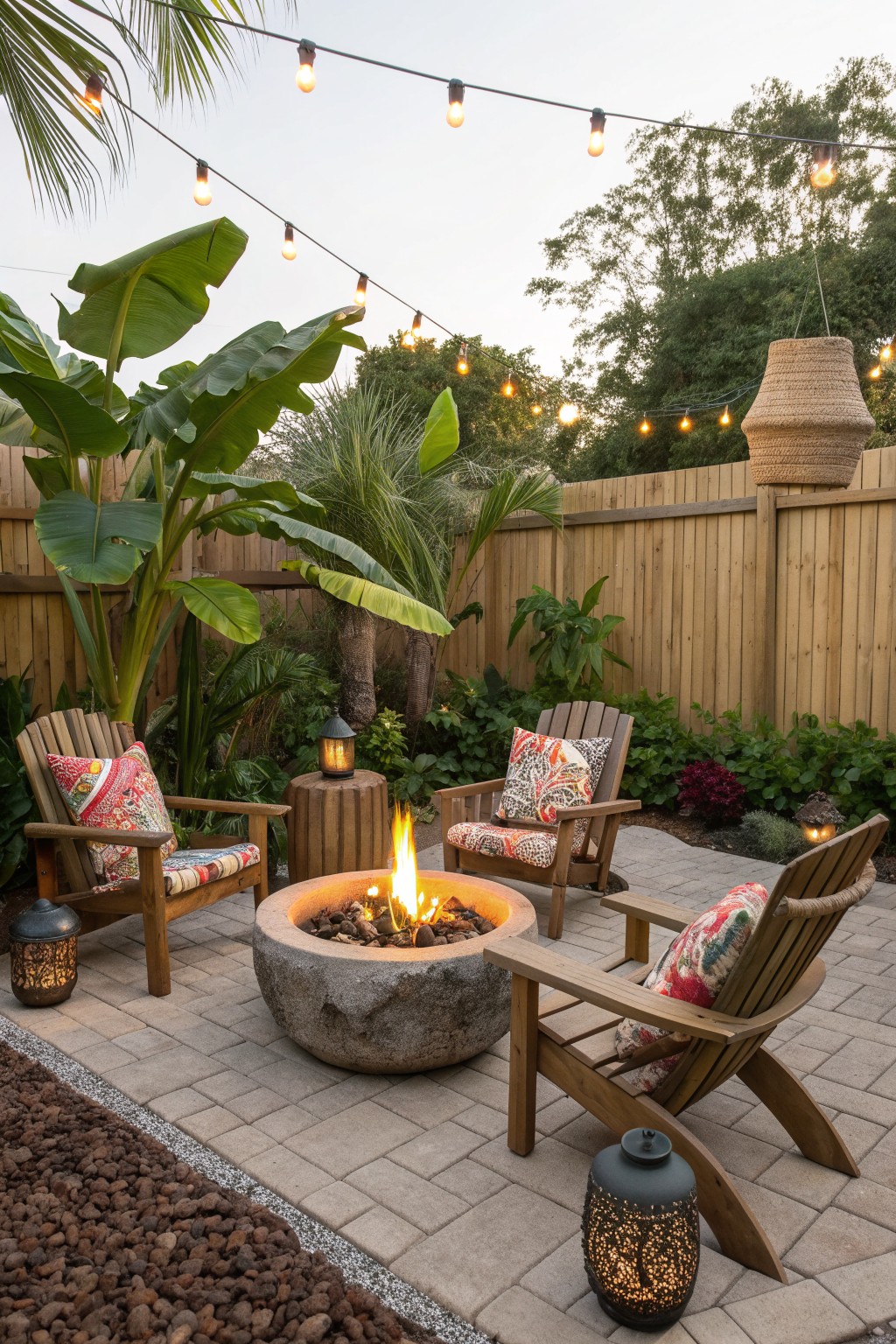 A paved patio with a round stone fire pit surrounded by three wooden Adirondack chairs, string lights overhead, and tropical plants along a wooden fence.