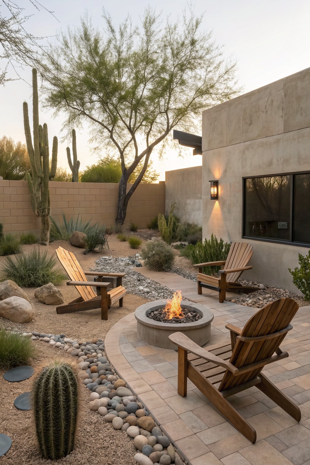 Desert patio with fire pit, wooden Adirondack chairs, cacti, rocks, and modern house.